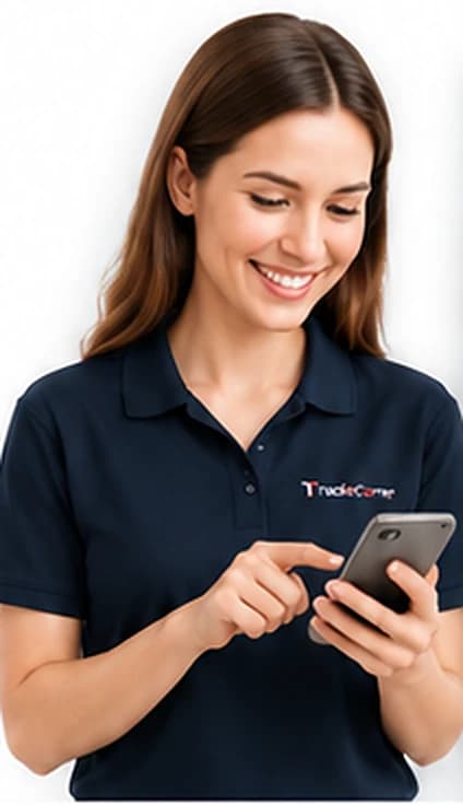 A smiling woman chatting with a business on her phone