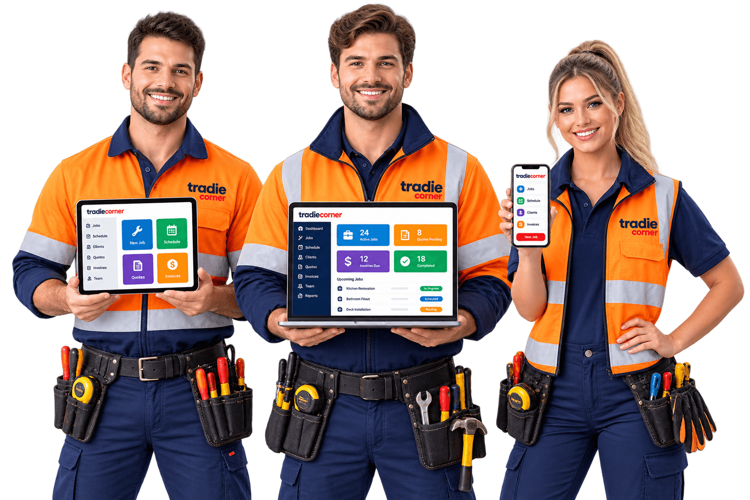 TradieCorner's team using the app on a laptop, tablets and phones
