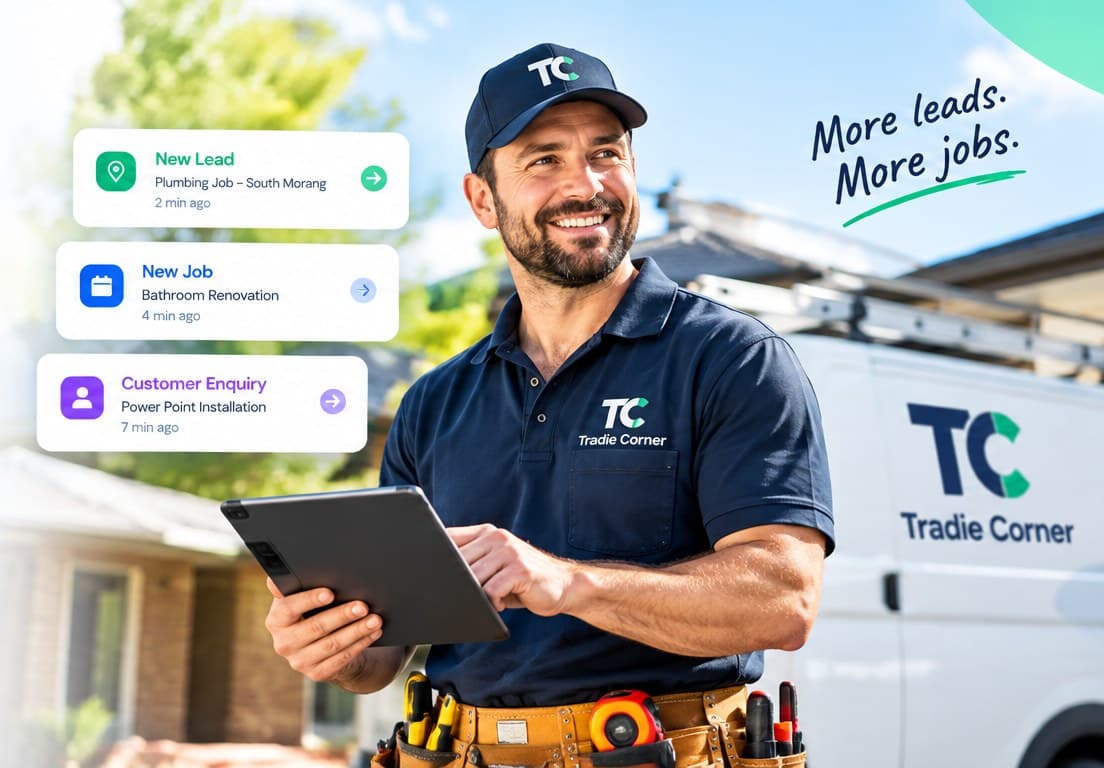 A tradie with a tablet, with new lead, new job and customer enquiry notifications from Tradie Corner